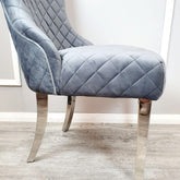 Set of 2 Kate Dining Chairs Grey Velvet with Chrome Clasp & Quilted Back